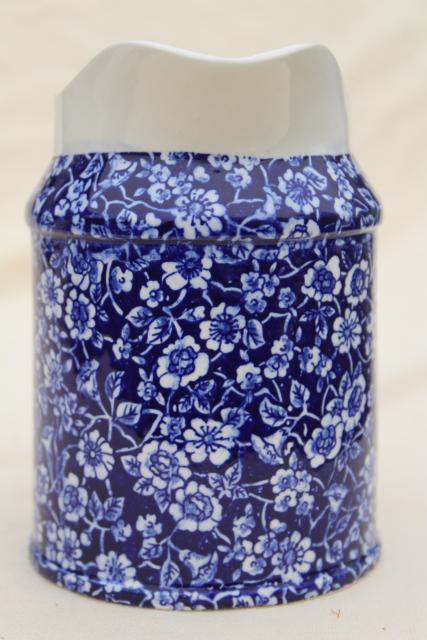 Colonial calico blue & white chintz china pitcher, new old stock vintage Japan