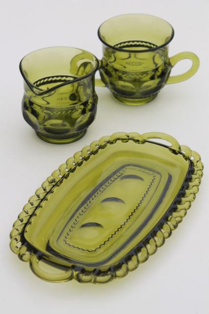 Colony / Indiana green glass Kings Crown thumbprint pattern cream & sugar w/ tray