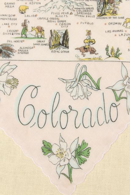 Colorado state map print hanky, 50s 60s vintage souvenir handkerchief 