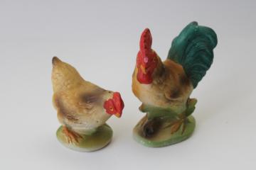 Colorful ceramic hen  rooster S&P shakers, vintage Enesco Japan chickens