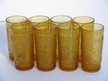 Concord daisy pattern sandwich glass tumblers, 8 vintage amber juice glasses