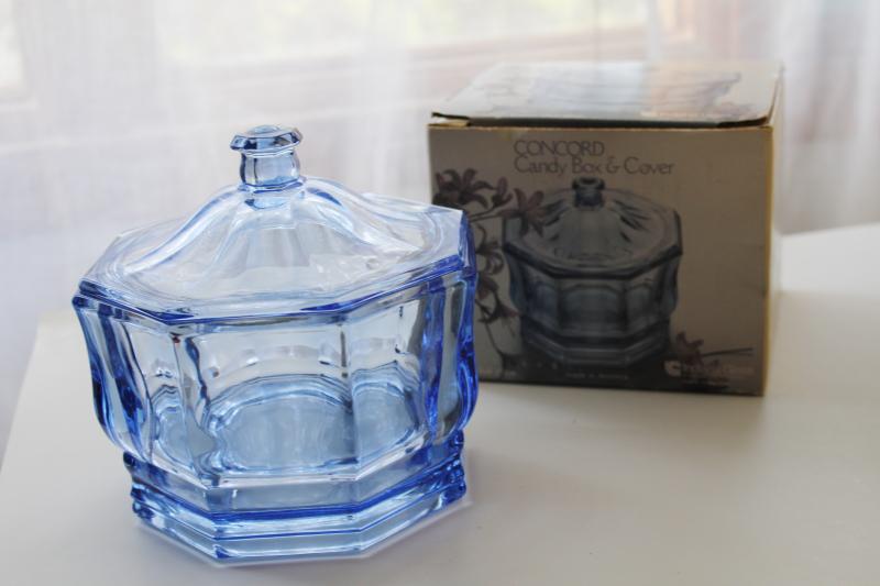 Concord pattern candy dish in original box, 1980s vintage Indiana glass pastel blue 