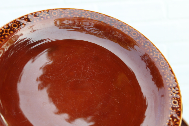 Connemara Celtic mod vintage pottery made in Ireland, set of four dinner plates brown glaze