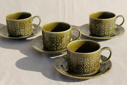Connemara Celtic vintage Irish Erin green pottery cups & saucers set of four