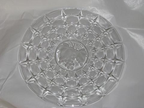Constellation pattern cake or torte plate, vintage Indiana glass w/ fruit intaglio