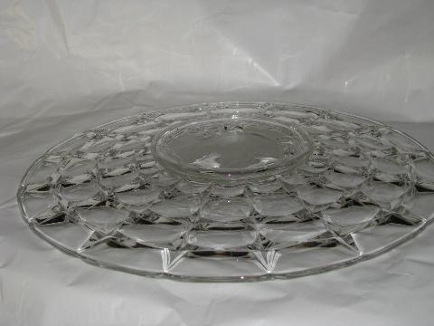Constellation pattern cake or torte plate, vintage Indiana glass w/ fruit intaglio