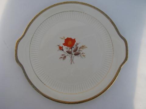 Coral-orange roses vintage china dishes, retro LaMode pottery dinnerware - plates, bowls, platters