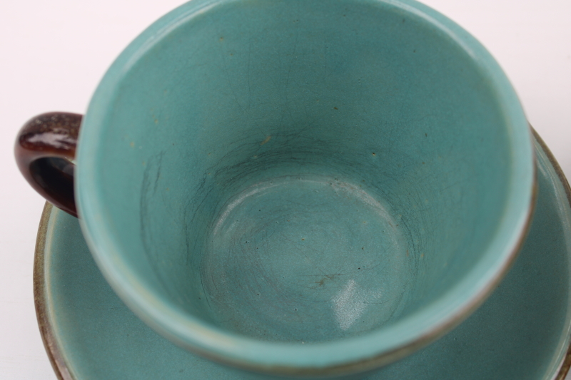 Country Fare chunky pottery cups saucers green brown, MCM vintage