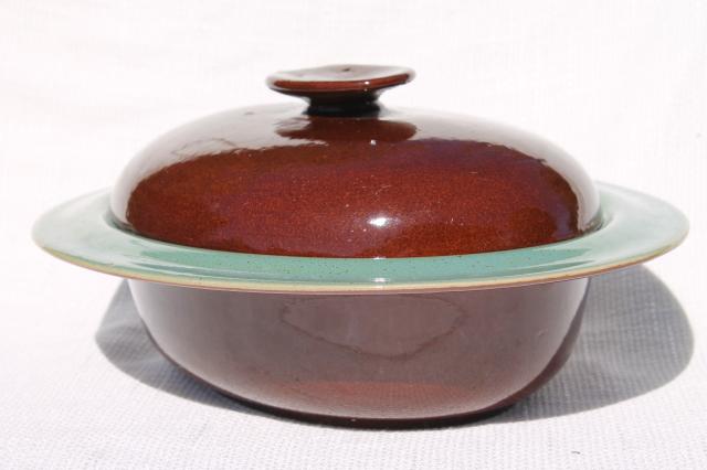 Country Fare or Red Wing Village Green stoneware pottery, dome cover & deep platter
