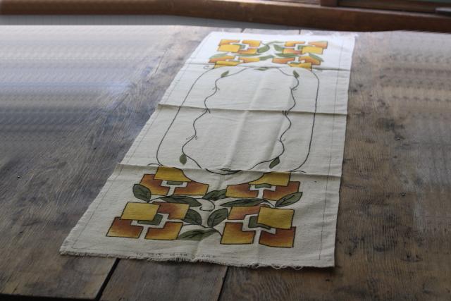 Craftsman Mission Arts & Crafts vintage flax linen table runner w/ tinted embroidery