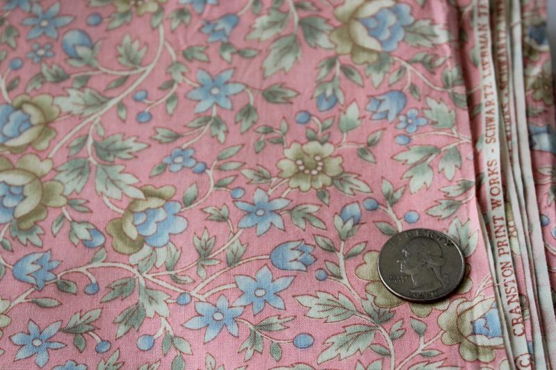 Cranston Print Works Schwartz Liebman vintage cotton fabric, print floral blue on blush pink