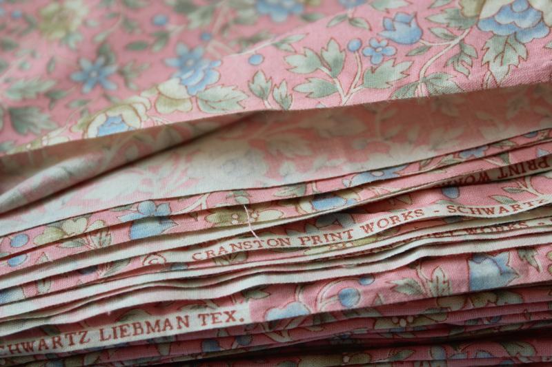 Cranston Print Works Schwartz Liebman vintage cotton fabric, print floral blue on blush pink