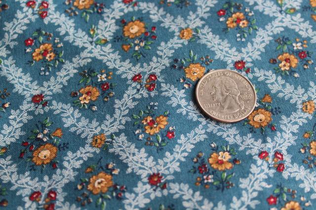 Cranston Print Works cotton fabric, 80s vintage prairie style roses on teal green