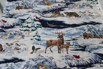 Cranston print cotton fabric snow winter night sky w/ woodland animals, rustic Christmas