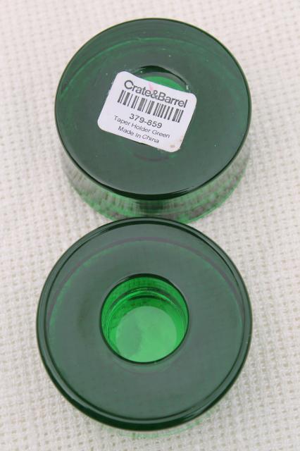 Crate & Barrel glass candle holders, Christmas green heavy glass candleholders