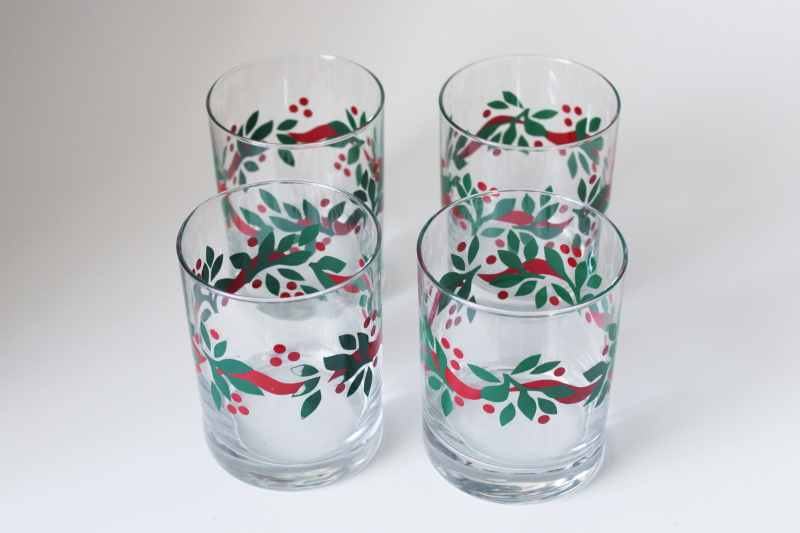 Crate and Barrel Christmas holly old fashioned glasses, vintage lowballs set