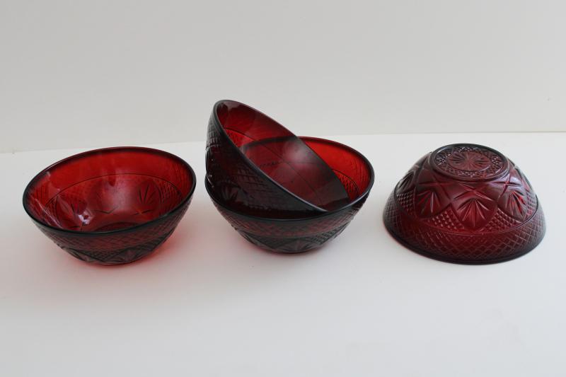Cris dArques ruby red glass bowls set of four, 1990s vintage Antique pattern