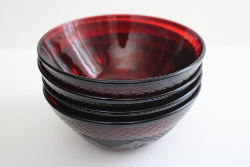 Cris dArques ruby red glass bowls set of four, 1990s vintage Antique pattern