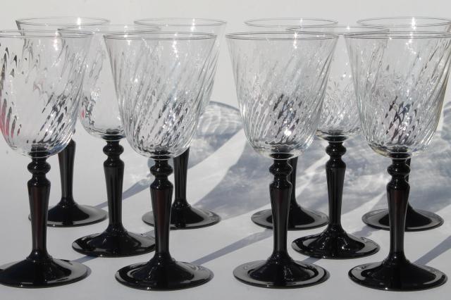 Cristal D'Arques France goblets, wine or water glasses Onyx black stem / crystal clear bowls