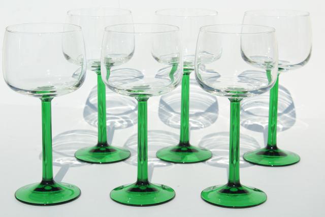 Cristal d'Arques France hock wine glasses, crystal clear bowl w/ green stem