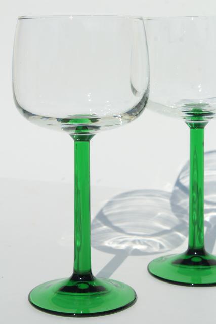 Cristal d'Arques France hock wine glasses, crystal clear bowl w/ green stem