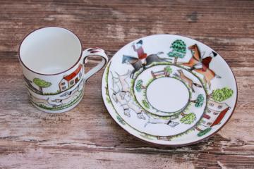 Crown Staffordshire hunting scene riders fox and hounds vintage bone china demitasse cup and saucer