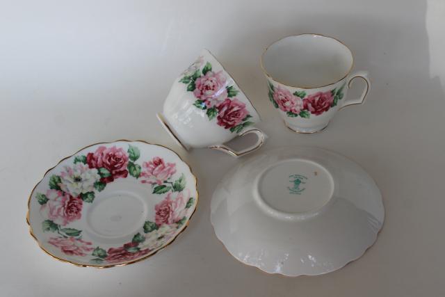Crown Staffordshire vintage bone china teacups, two cup & saucer sets w/ pink roses