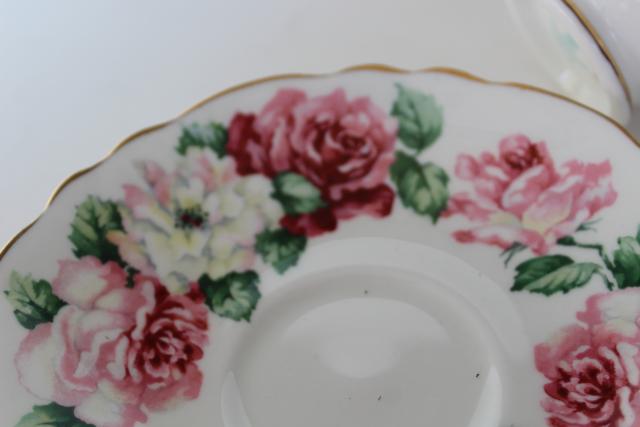 Crown Staffordshire vintage bone china teacups, two cup & saucer sets w/ pink roses