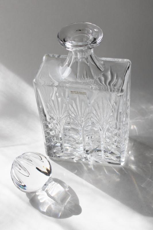 Crystal Clear glass decanter w/ Poland label, Portico pattern liquor bottle w/ stopper