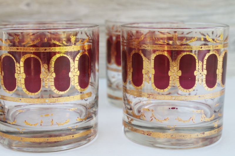 Culver cranberry scroll mod gold design double old fashioned glasses, on the rocks tumblers set of 8