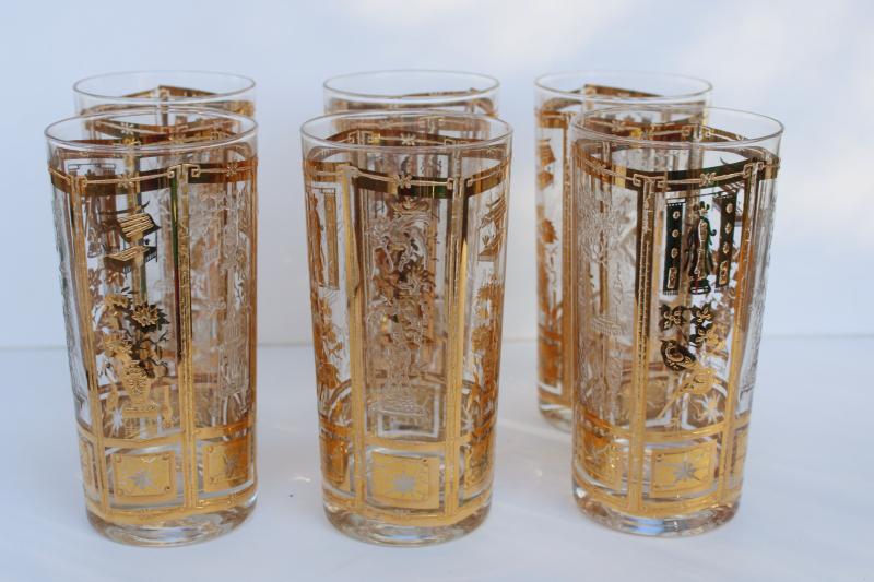 Culver glass tumblers w/ oriental design in gold, mid-century mod vintage drinking glasses