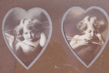 Cupid Awake & Cupid Asleep antique sepia photo print pictures in heart shape matted frame