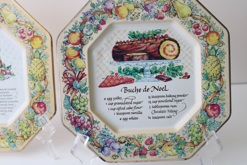 Daher style print tin tray plates w/ Christmas recipes, plum pudding  buche de noel