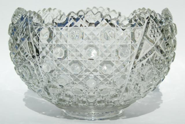 Daisy & Button pattern pressed glass punch set, big bowl w/ metal stand, punch cups