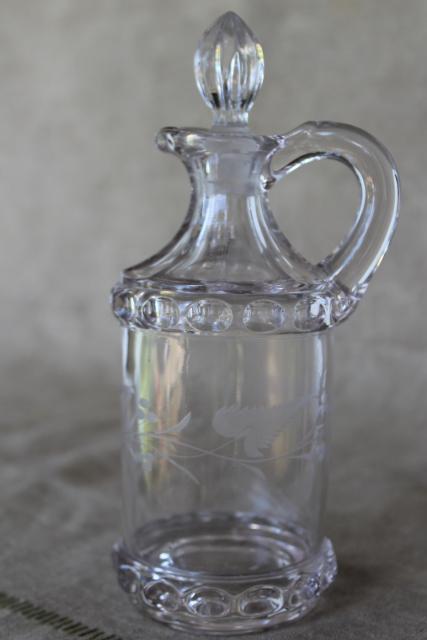 Dakota pattern EAPG antique glass cruet bottle, ivy berry etched leaf 1880s vintage