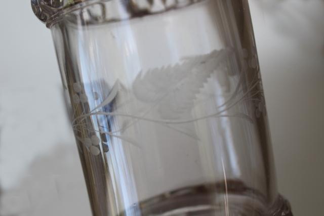 Dakota pattern EAPG antique glass cruet bottle, ivy berry etched leaf 1880s vintage