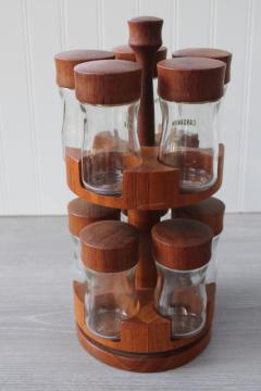 Danish modern vintage Digsmed teak wood turntable two tier lazy susan spice set w/ jars