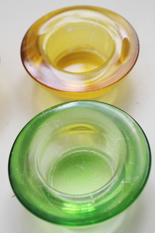 Dansk modern tea light candle holders, heavy round glass bowls w/ yellow, spring green finish