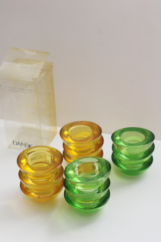 Dansk modern tea light candle holders, heavy round glass bowls w/ yellow, spring green finish