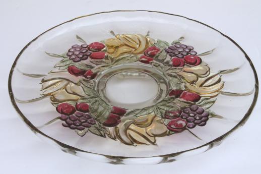 Della Robbia fruit wreath cake plate or low stand, colored stain banana fruits