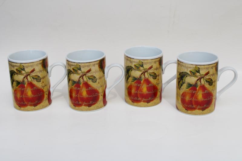 Dept 56 Pears & Apples pattern mugs, autumn pumpkin spice season coffee or cider cups