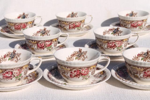 Devonshire Johnson Brothers china, vintage transferware cups & saucer set for 8