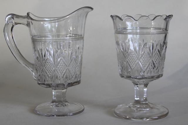 Diamond & Sunburst pattern EAPG cream pitcher & sugar, 1880s vintage Westmoreland glass