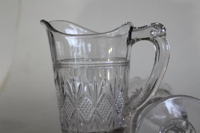 Diamond & Sunburst pattern EAPG cream pitcher & sugar, 1880s vintage Westmoreland glass