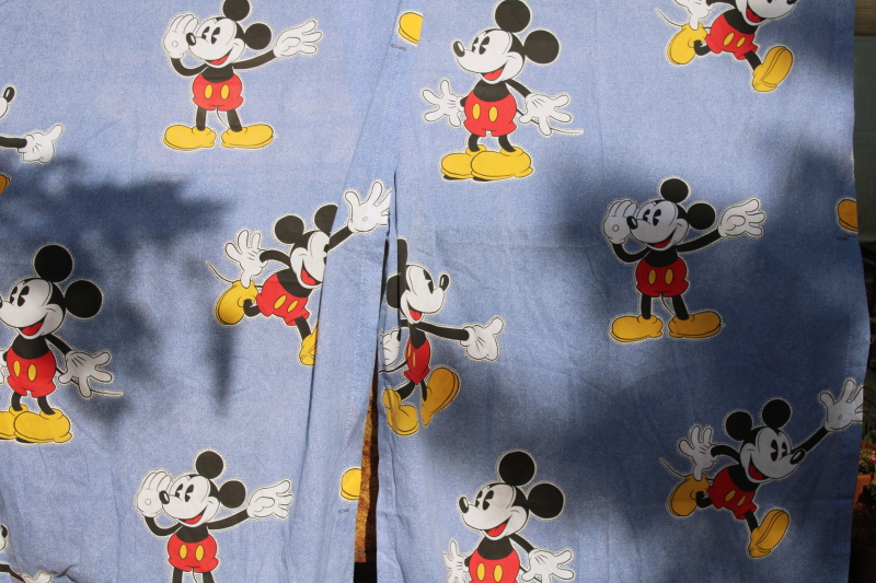 Disney Character Mickey Mouse print curtains, denim look blue poly cotton curtain panels, 90s vintage?