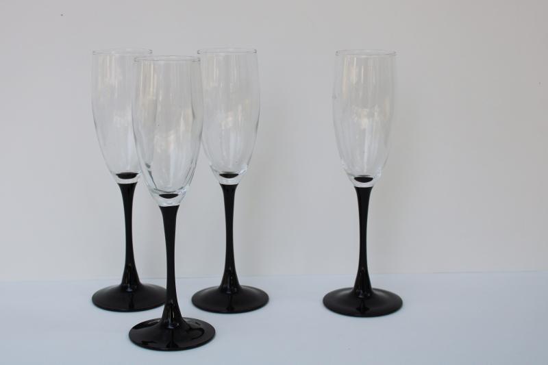 Domino black stem tall champagne flutes, vintage Cristal d'Arques French crystal glasses