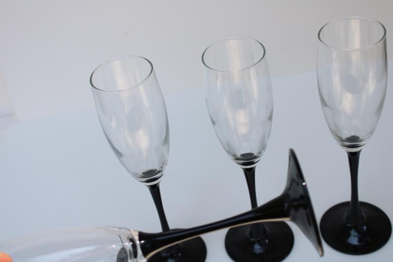 Domino black stem tall champagne flutes, vintage Cristal d'Arques French crystal glasses