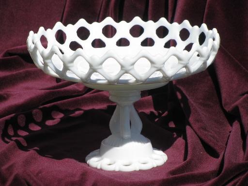 Doric lace edge milk glass compote, vintage Westmoreland pattern glass