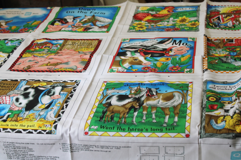 Down on the Farm print fabric panel to make soft cloth book, colorful animals