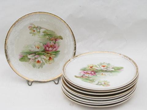 Dresden china antique porcelain plates, art nouveau vintage water lilies